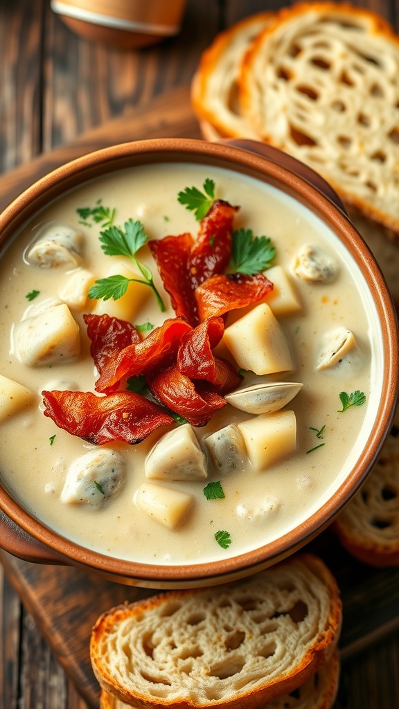 A hearty bowl of New England clam chowder with bacon and parsley, served with crusty bread on a rustic table.